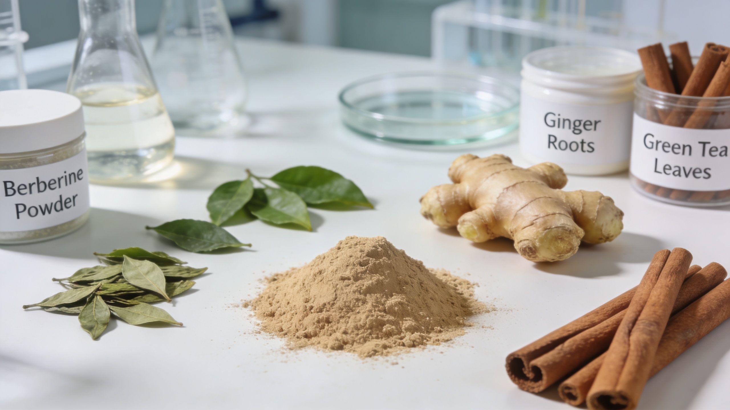 Assorted natural herbs and powders used as dietary supplements on a laboratory table for wellness research.