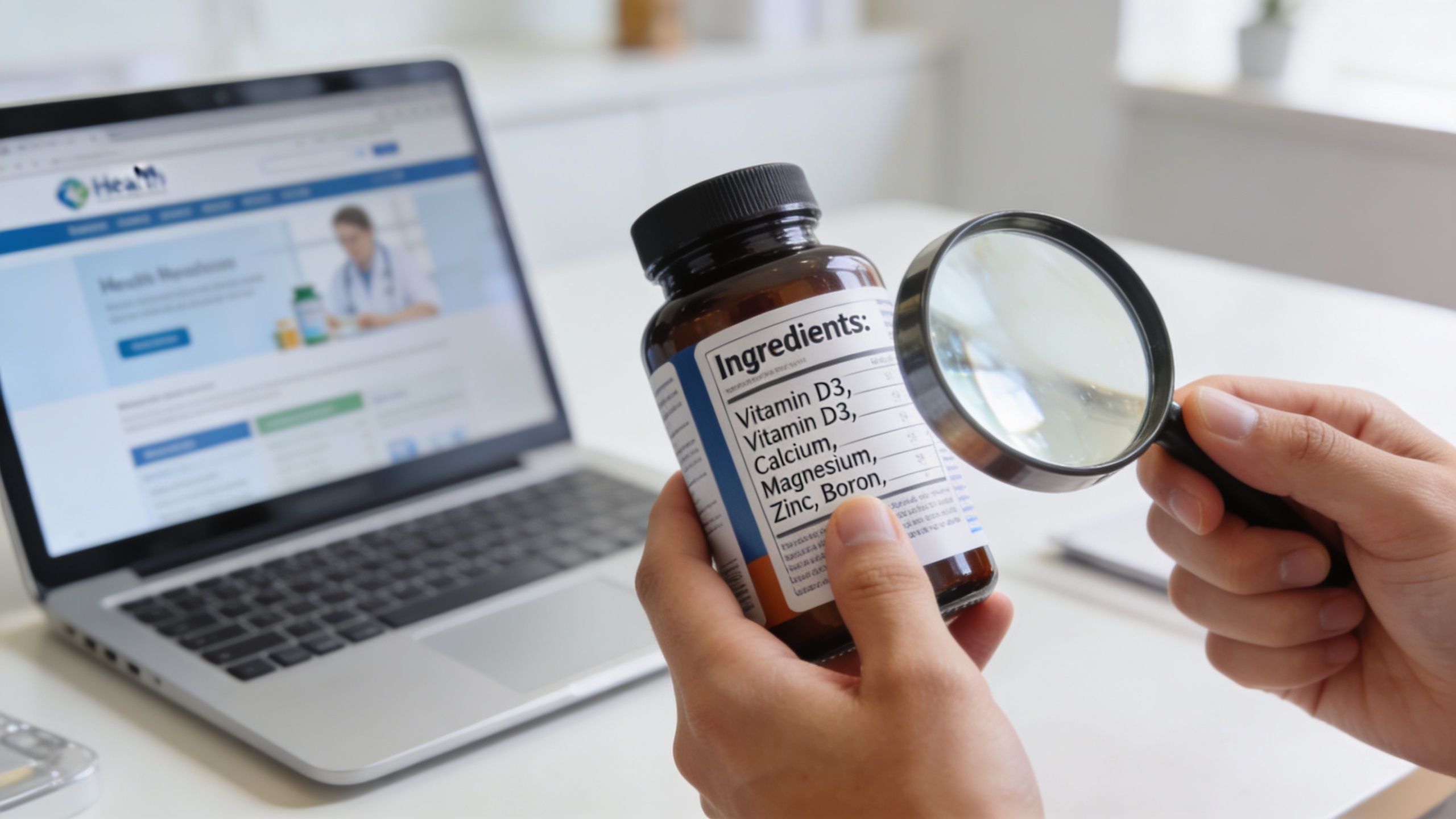 A person examining a supplement bottle label with a magnifying glass in front of a laptop.