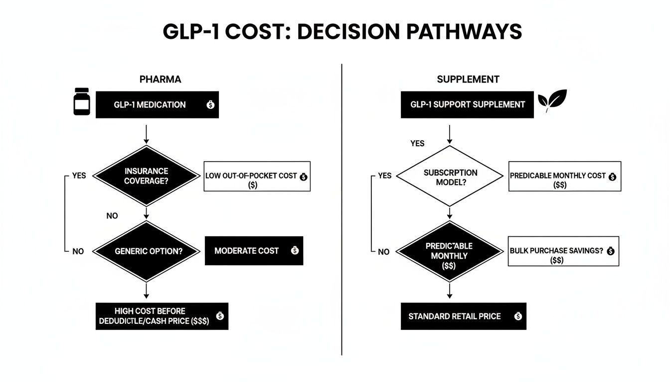 Decision pathway flowchart illustrating cost considerations for GLP-1 pharma medications and support supplements.