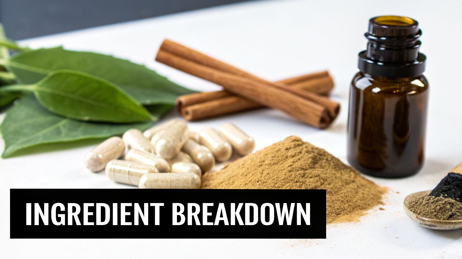 Various natural ingredients and supplements including green leaves, cinnamon, capsules, herbal powders, and a brown dropper bottle.