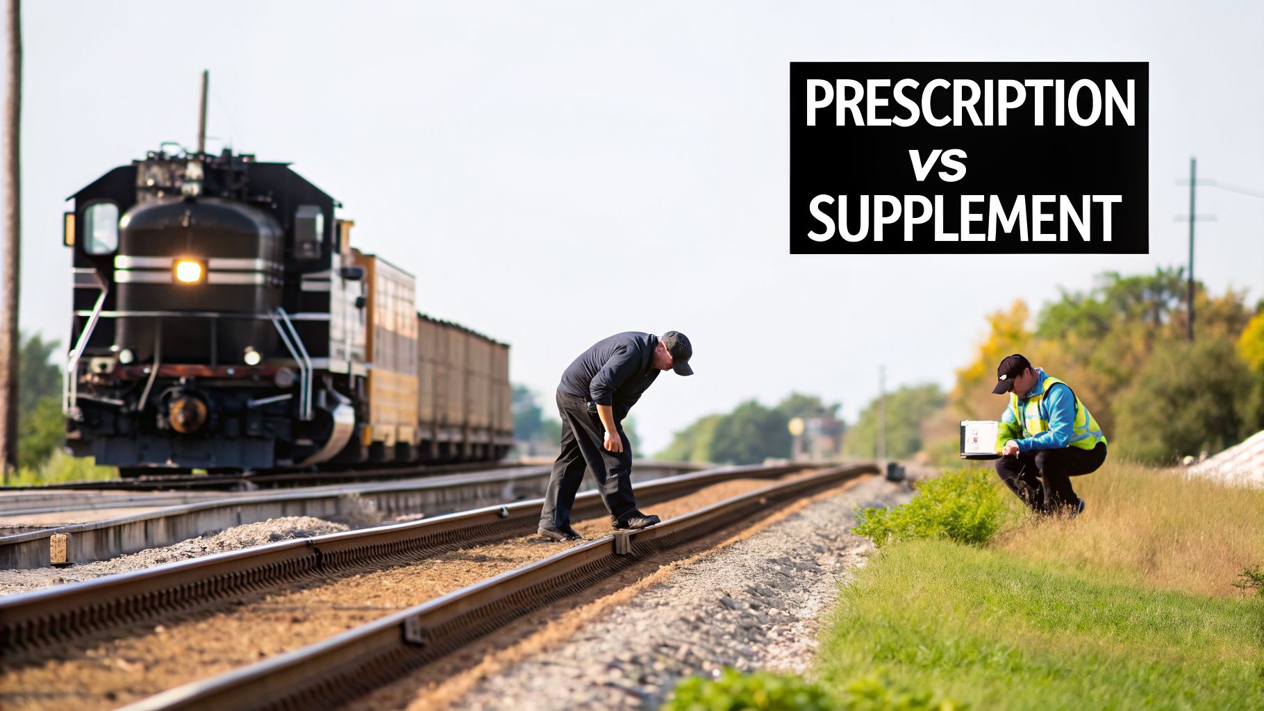 Two men inspect a railway track with a train nearby, comparing 'Prescription vs Supplement'.