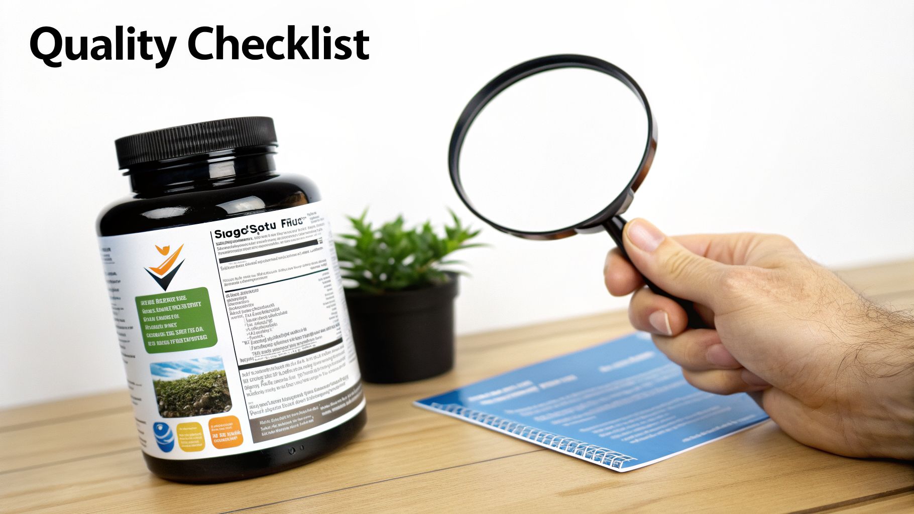 A hand uses a magnifying glass to inspect a supplement bottle and document on a wooden desk, emphasizing quality control.