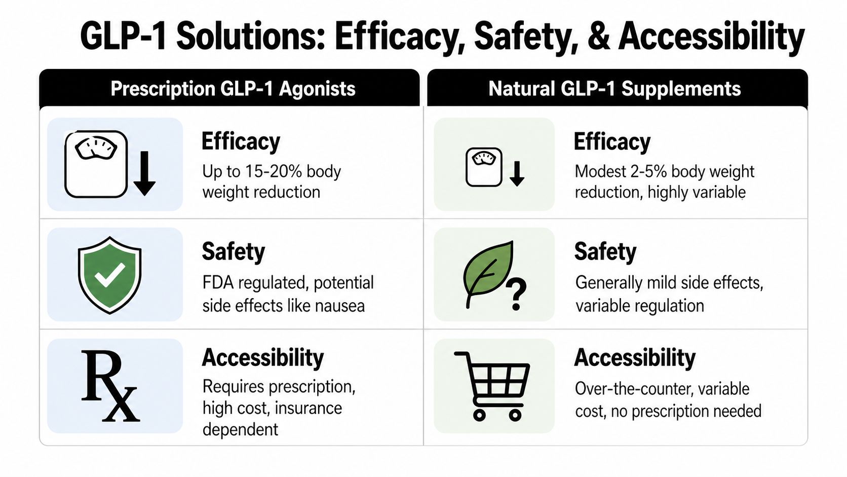 A comparison chart outlining efficacy, safety, and accessibility between prescription GLP-1 agonists and natural GLP-1 supplements.