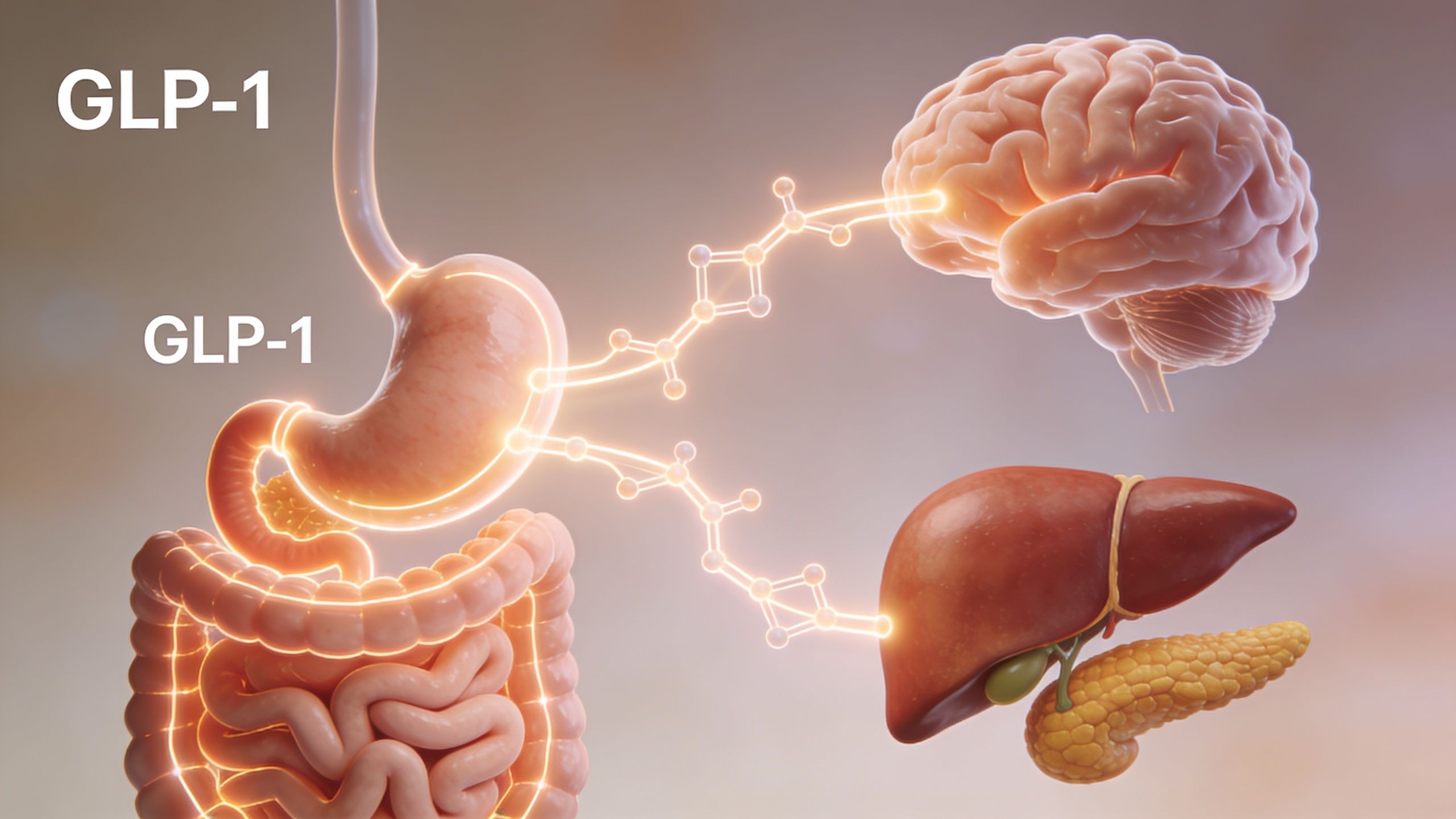 A diagram illustrating the biological pathway of GLP-1 signaling between the digestive system, brain, liver, and pancreas.