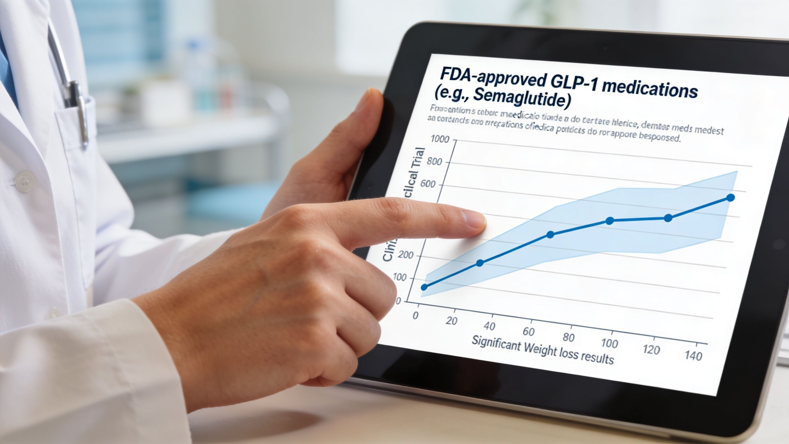 A doctor pointing at a tablet screen displaying a chart showing positive clinical weight loss results.