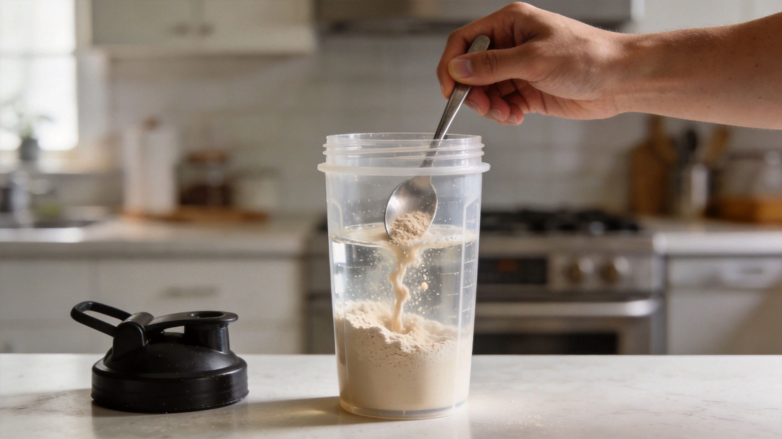 A person pouring a scoop of protein powder into a shaker bottle filled with water in a kitchen.