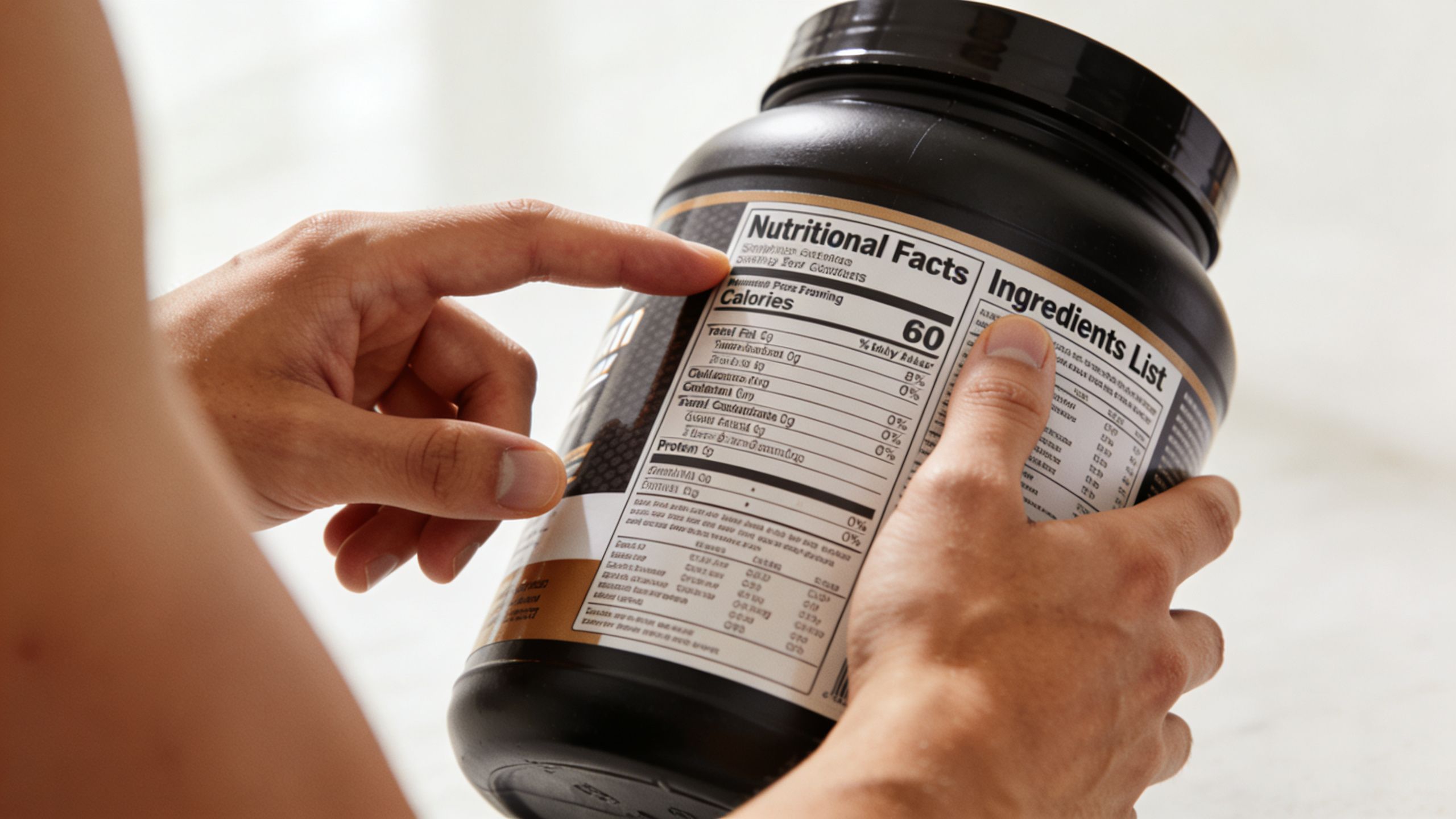 A close up view of a person checking the nutritional facts label on a supplement protein tub.