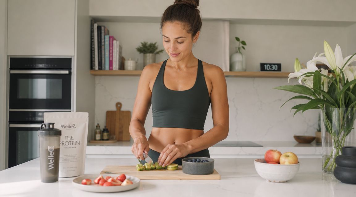 A fit woman in a gym outfit preparing healthy snacks with a protein supplement in her kitchen.