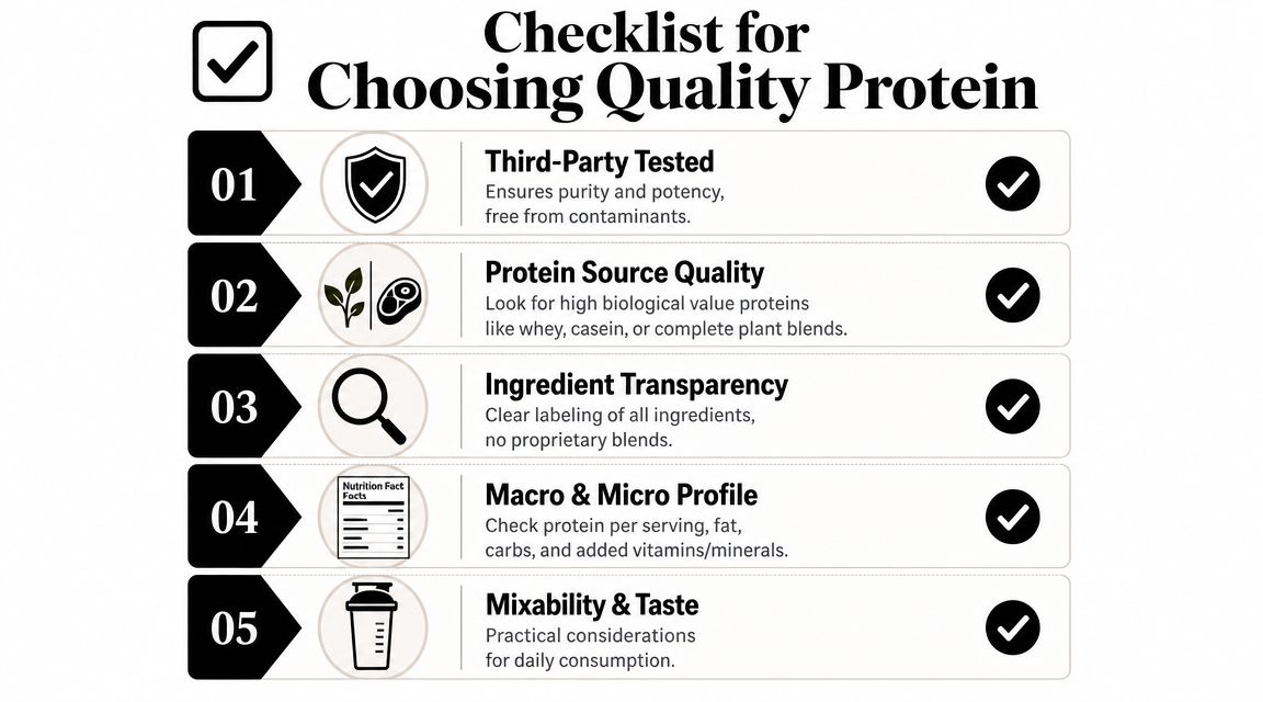 A checklist for choosing quality protein featuring five key factors for selecting the best supplements.