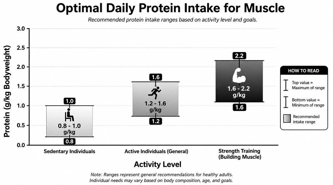 A chart showing recommended daily protein intake in grams per kilogram for different activity levels and goals.