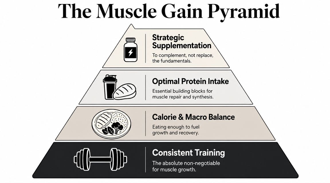 A pyramid diagram showing the hierarchy of muscle growth, starting with training, nutrition, and finally supplementation.