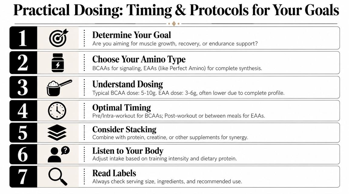 A seven-step guide illustrating practical dosing, timing, and protocols for amino acid supplement usage and optimization.