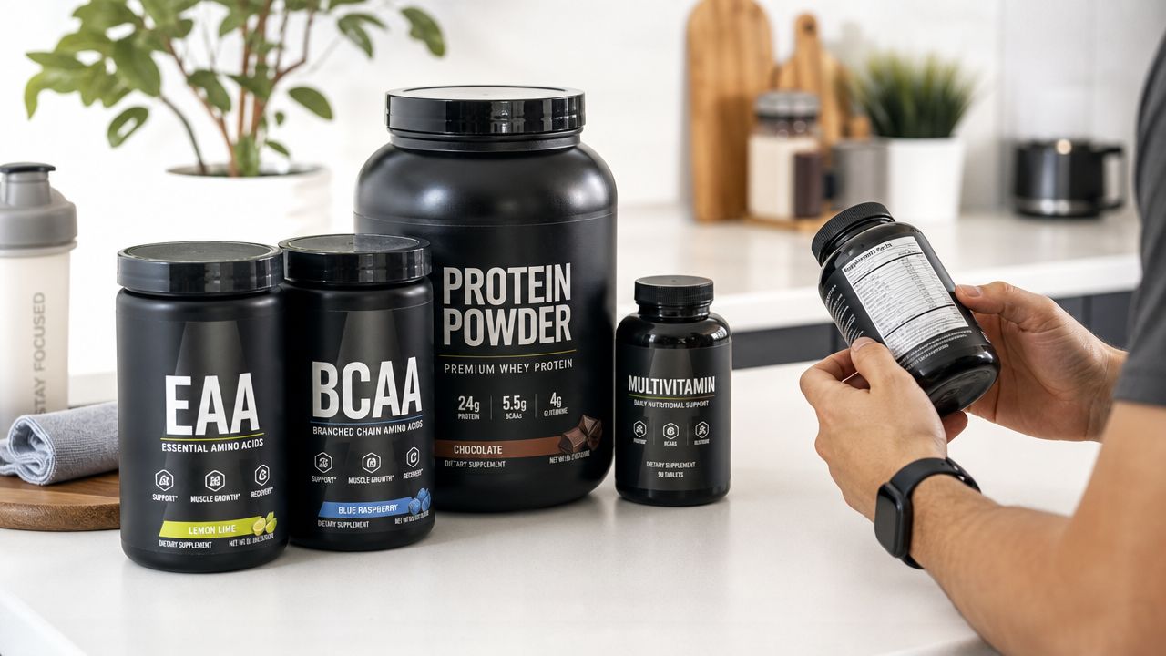 A person holding a nutritional supplement bottle next to containers of EAA, BCAA, and protein powder.