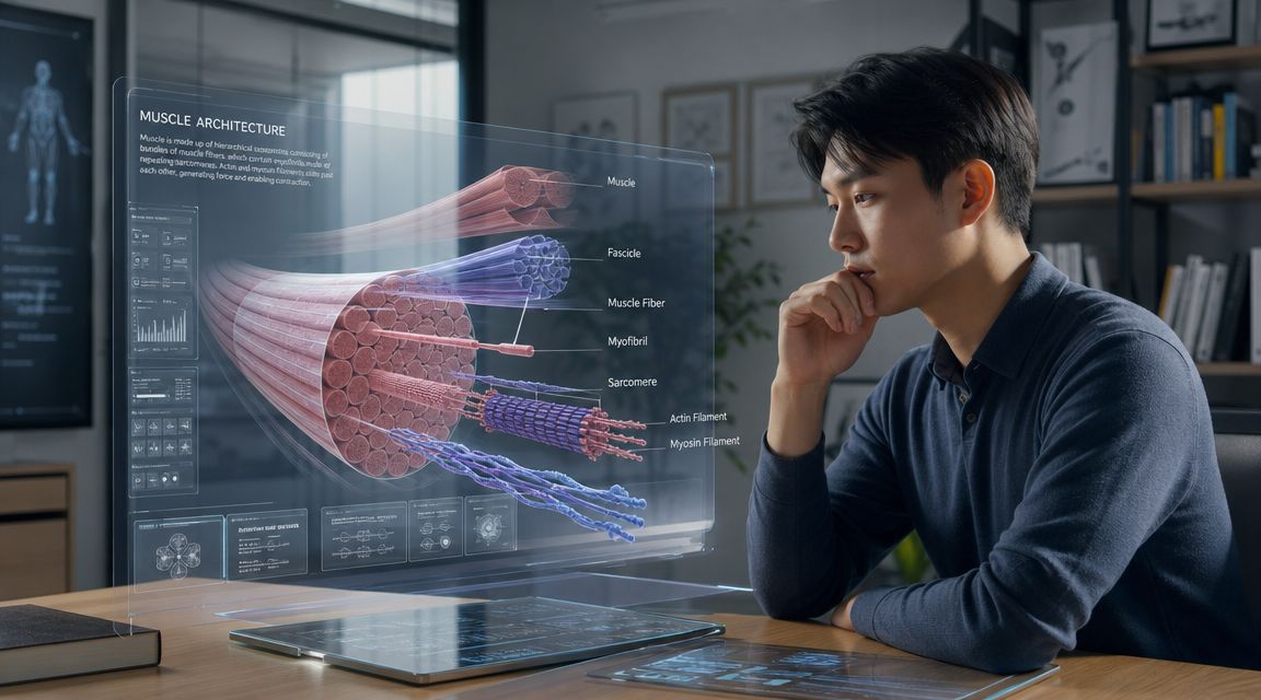 A young man sitting at a desk looking at a holographic 3D diagram of muscle anatomy.