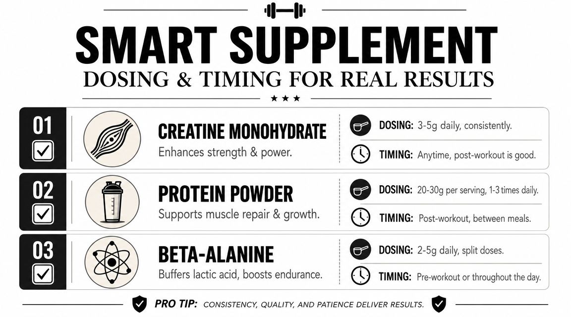 An infographic showing dosing and timing guidelines for three common muscle building and performance supplements.