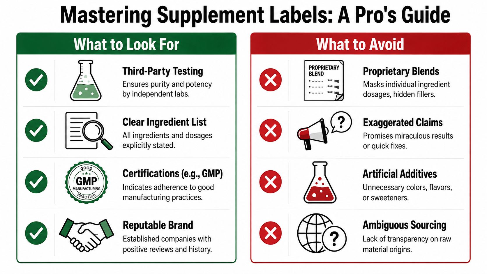 A professional infographic guide showing what to look for and avoid when reading supplement nutrition labels.