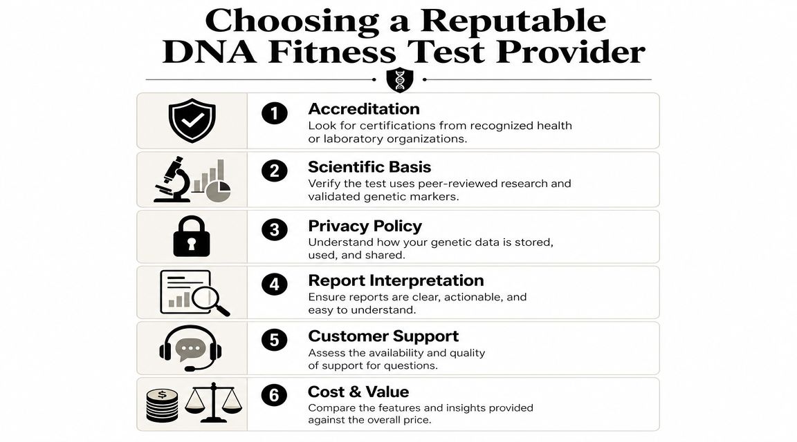 A guide infographic with six tips for choosing a reputable DNA fitness test provider.
