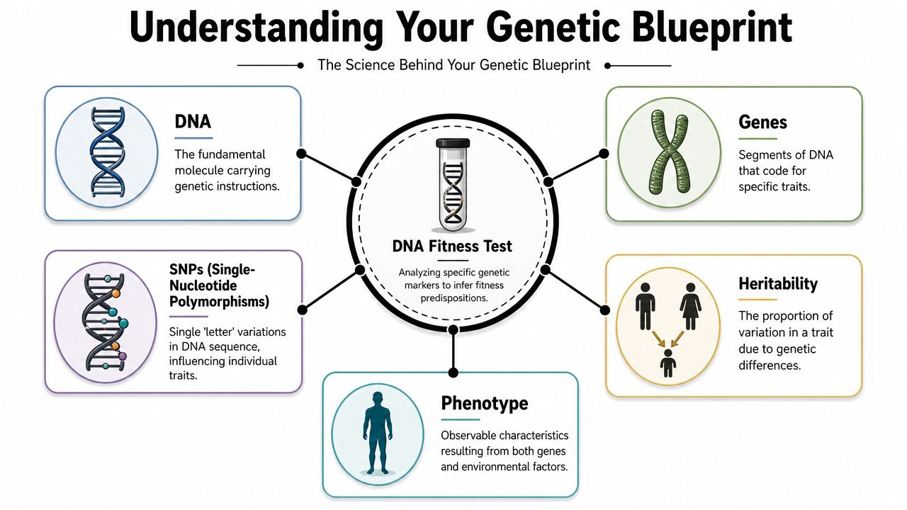 An infographic titled Understanding Your Genetic Blueprint explaining key concepts behind a DNA fitness test for health.