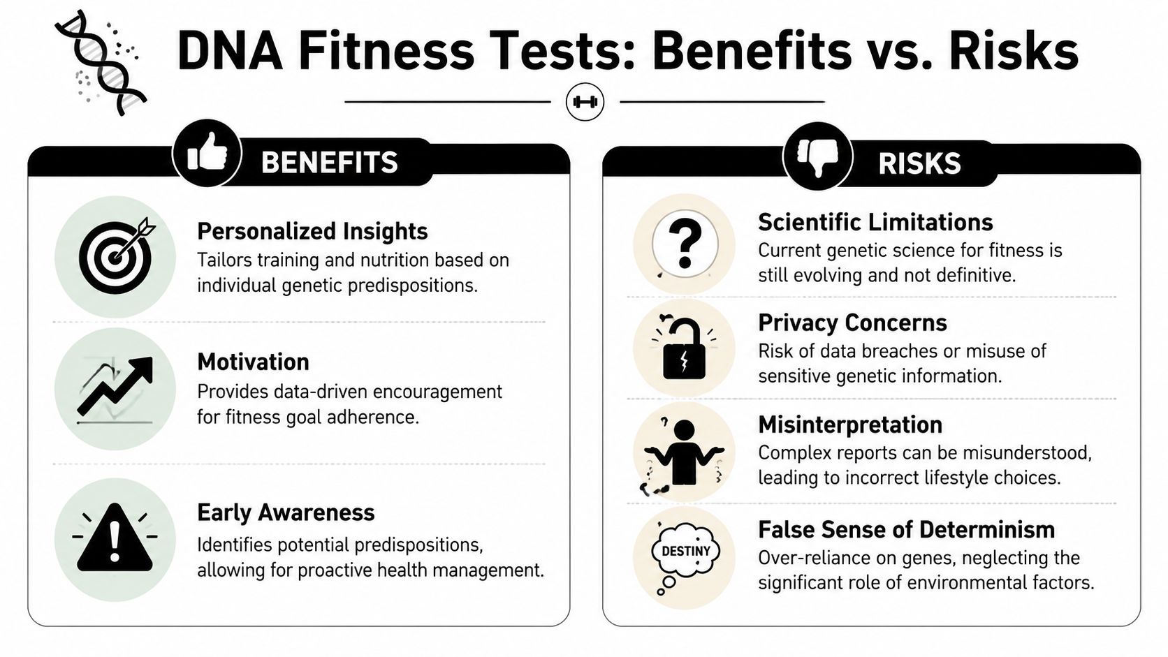 An infographic comparing the potential benefits and risks associated with taking DNA fitness tests for health management.